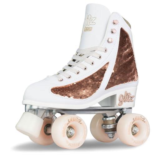 Crazy Skates Glitz Roller Skates | Adjustable or Fixed Sizes | Glitter Sparkle Quad Skates for Women and Girls - Rose Gold (Size: Womens 8 / Mens 7)
