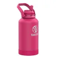 Takeya Newman Series Pickleball Stainless Steel Insulated Water Bottle with Sport Straw Lid and Extra Large Carry Handle, 64 Ounce, Backspin Pink