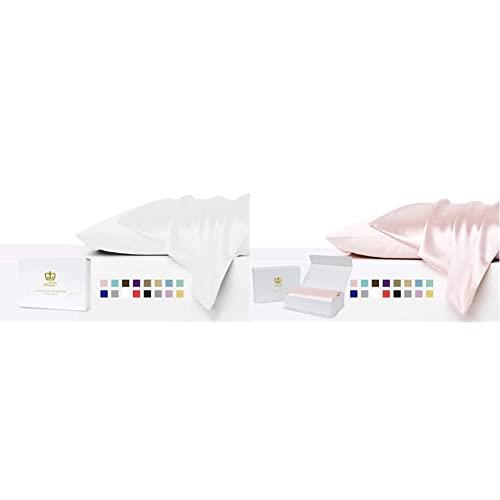 Luxor Crown Set of 2 Mulberry Silk Standard Pillowcases (White) & Crown Set of 2 Mulberry Silk Standard Pillowcases (Blush)