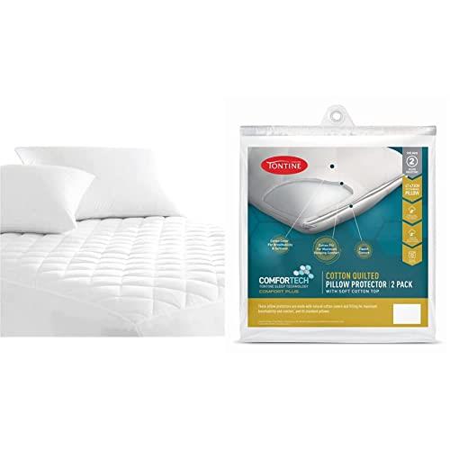 Australian Made Fully Fitted Cotton Quilted Mattress Protector Machine Washable (All Size) (Queen) & Tontine Comfortech Cotton Quilted Pillow Protector, White, Pack of 2