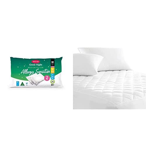 Tontine Goodnight Allergy Sensitive Medium Pillow, White, 2 Count & Australian Made Fully Fitted Cotton Quilted Mattress Protector Machine Washable (All Size) (Queen)