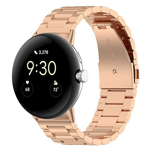 TenCloud Bands Intended for Google Pixel Watch Activity Tracker Solid Stainless Steel Women Men Wristband Metal Watch Link Band for Google Pixel Watch (Rose Gold)