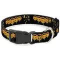 Buckle-Down Plastic Clip Dog Collar, Jack O Lanterns Haunted House Black/Yellow, 9 to 15 Inch Neck Size x 1.0 Inch Wide