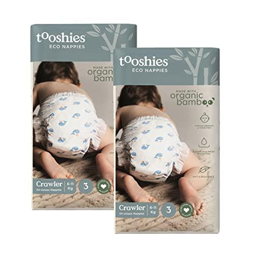 Tooshies ECO Nappies | Size 3 Crawler 6-11kg | Made with Organic Bamboo | 12 hrs leak free | Unisex |Whale Print | 2x44pk