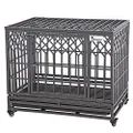 SMONTER 38" Heavy Duty Dog Crate Strong Metal Pet Kennel Playpen with Two Prevent Escape Lock, Large Dogs Cage with Wheels, Y Shape, Dark Silver