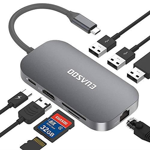 EUASOO USB C Hub 9 Port Aluminium USB C Adapter with 4K HDMI, 2 USB 3.0 Ports, 1 USB 2.0 Port, Type C PD, Gigablit Ethernet RJ45, SD/TF Card Reader for MacBook Air/Pro, Chromebook, More Type C Devices