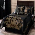 Chezmoi Collection 7-Piece Royale Jacquard Floral Comforter Set, Full/Double, Black/Gold