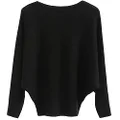Ckikiou Womens Lightweight Oversized Boat Neck Sweaters Tops Dolman Batwing Sleeve Ribbed Knitted Pullovers, Black, One size