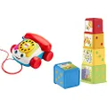 Fisher-Price Chatter Telephone, Pull Toy Phone for Walk-Along Play, Multicolor (FGW66) & Stack and Explore Blocks, Set of 5, Multi