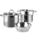 Duxtop Professional Stainless Steel Pasta Pot with Strainer Insert, 4PC Multipots Includes Pasta Pot & Steamer Pot, 8.6Qt Induction Stock Pot with Glass Lid, Impact-Bonded Technology