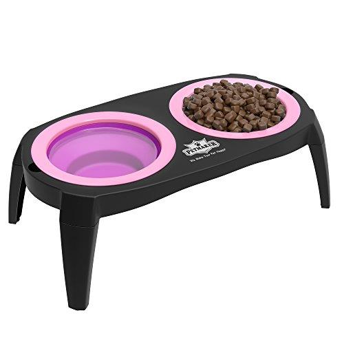 Elevated Cat and Dog Food Bowls with Non-Slip Stand - Removable and Collapsible Silicone Feeder for Food and Water - 16-Ounces Each by PETMAKER (Pink)