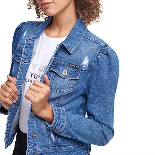 DKNY Women's Puff Sleeve Denim Trucker Jacket, Medium Wash, Large