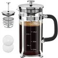 French Press Coffee Maker 21oz 304 Stainless Steel French Press with 4 Filter, Heat Resistant Durable, Easy to Clean, Borosilicate Glass Coffee Press, 100% BPA Free Glass Teapot, Silver