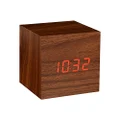 Gingko Cube LED Click Clock Alarm Clock with Sound Activation (Time, Date & Temperature), Walnut/Red LED