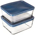 Anchor Hocking 11 Cup Glass Storage Containers with Lids, Set of 2 Glass Food Storage Containers with Navy Blue SnugFit Lids