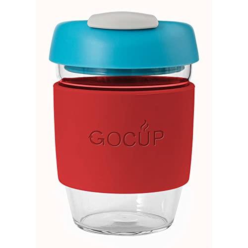 Avanti GoCup Borosilicate Glass Travel Cup, 355 ml / 12 oz Capacity, Red/Aqua/Grey