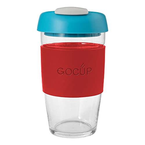 Avanti GoCup Borosilicate Glass Travel Cup, 473 ml / 16 oz Capacity, Red/Aqua/Grey