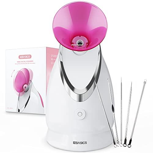 EZBASICS Facial Steamer Ionic Face Steamer for Home Facial, Warm Mist Humidifier Atomizer for Face Sauna Spa Sinuses Moisturizing, Unclogs Pores, with Stainless Steel Skin Kit(Pink)