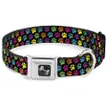 Buckle-Down Seatbelt Buckle Dog Collar - Paw Print Black/Multi Color - 1" Wide - Fits 9-15" Neck - Small