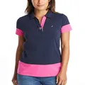 Nautica Women's Toggle Accent Short Sleeve Soft Stretch Cotton Polo Shirt, Navy, X-Small