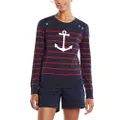 Nautica Women's Voyage Long Sleeve 100% Cotton Striped Crewneck Sweater, Navy, Medium