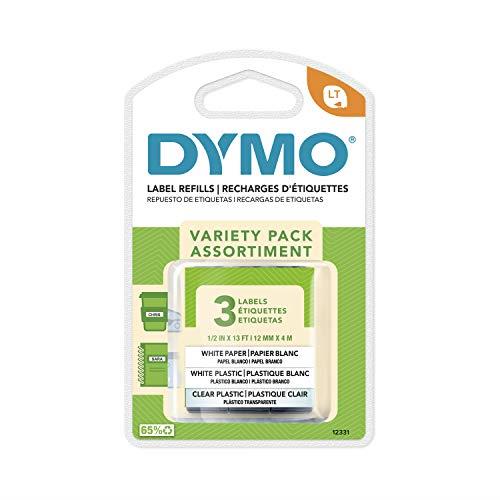 DYMO LetraTag Labeling Tape for LetraTag Label Makers, Black print on White Paper, White Plastic and Clear plastic tapes, 1/3'' W x 13' L, 3 rolls (12331)