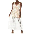 Dress the Population Women's Embellished Plunging Gown Sleeveless Floral Long Dress, White/Nude Sidney, Small