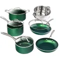 Granitestone Diamond Granite Stone Classic Emerald Pots and Pans Set with Ultra Nonstick Durable Mineral & Diamond Tripple Coated Surface, Stainless Steel Stay Cool Handles, 10 Piece Cookware, Green…