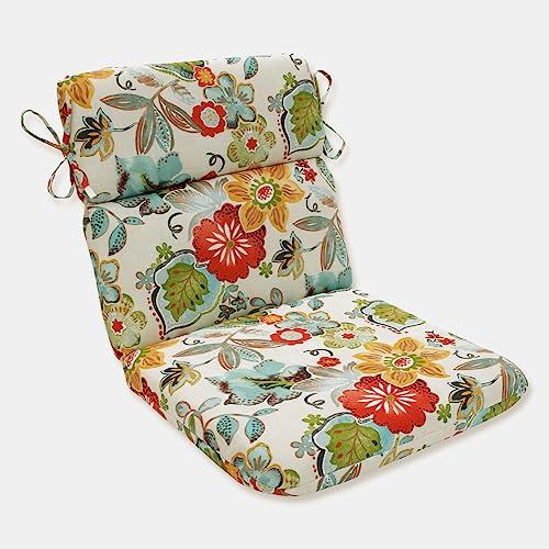 Pillow Perfect Bright Floral Indoor/Outdoor 1 Piece Split Back Round Corner Chair Seat Cushion with Ties, Deep Seat, Weather, and Fade Resistant, 40.5" x 21", Ivory Alastriste, 1 Count