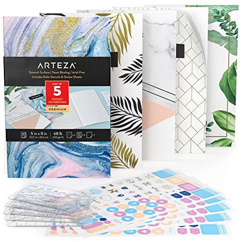 Arteza Small Pocket Notebook Set, 5 Pcs, 5 x 8 inches, 2 Ruled, 2 Dotted & 1 Blank Soft Cover Journal with Smooth Writing Paper, Thread Stitched Binding and Inner Pocket