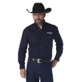 Wrangler Men's Western Logo Two Pocket Long Sleeve Button Shirt, Navy, Large