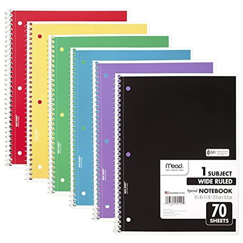 Mead Spiral Notebook, 6 Pack, 1-Subject, Wide Ruled Paper, 7-1/2" x 10-1/2", 70 Sheets per Notebook, Color Will Vary (73063)