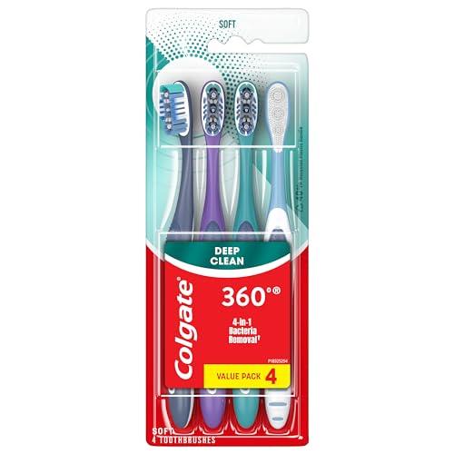 Colgate 360 Whole Mouth Toothbrush, Adult Soft Toothbrush With Tapered Bristles, Features Tongue Cleaner and Ergonomic Handle, Helps Whiten Teeth and Removes Bacteria, 4 Pack