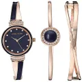 Anne Klein Women's Premium Crystal Accented Watch and Bangle Set, Gold/Navy Blue, Japanese