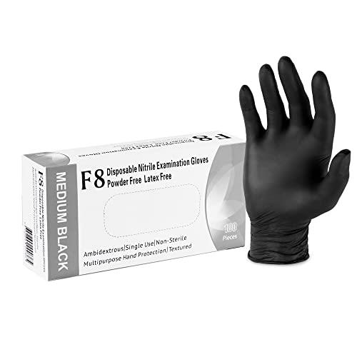F8 Disposable Nitrile Examination Gloves, Size MEDIUM and BLACK, Latex & Powder Free, Multipurpose, Non Sterile, Extra Strong, Textured, Protection against bacteria, Ambidextrous, Easy fit