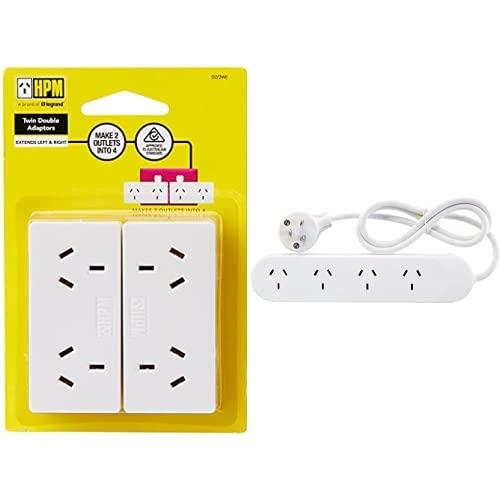HPM D2/2WE Left and Right Extend 10A 2400W Double Adaptor 2-Pieces, White + Standard 4 Outlet Powerboard White