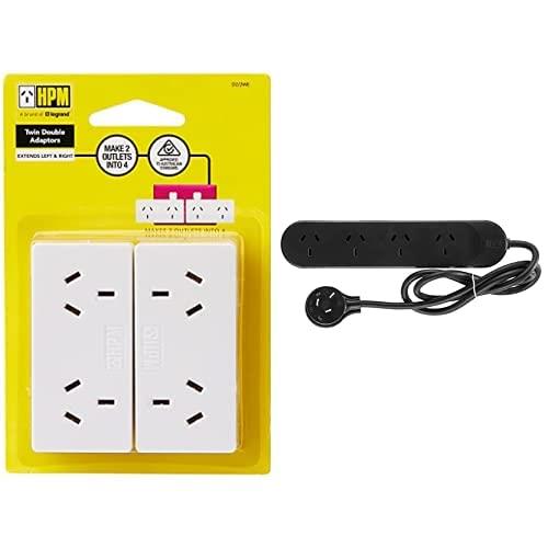 HPM D2/2WE Left and Right Extend 10A 2400W Double Adaptor 2-Pieces, White + Standard 4 Outlet Powerboard Black