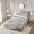 Madison Park Essentials Satin Sheet Set Luxury and Silky with Natural Sheen, Elastic 14" Pocket fits up to 16" Mattress, All Around Elastic - Year-Round Bedding, Queen, Light Grey, 6 Piece