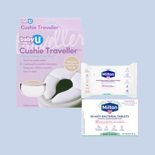 BabyU Cushie Traveller Folding Padded Toilet Seat + Milton Antibacterial Surface Wipes 30 Pack, White + Milton Antibacterial Tablets 30 Pack