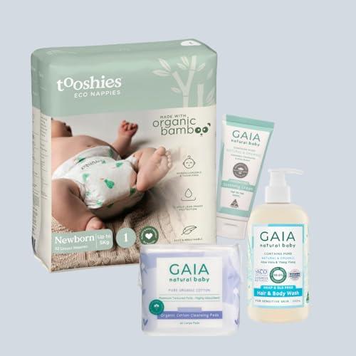 Tooshies Eco Nappies Size 1 Newborn, 104 Count + GAIA Natural Baby Organic Cotton Cleansing Pads, 40 Pack + GAIA Natural Baby Soothing Cream 100ml + GAIA Natural Baby Hair and Body Wash 500ml