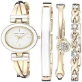 Anne Klein Women's Bangle Watch and Premium Crystal Accented Bracelet Set, Gold/White, AK/3284WTST