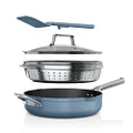 Ninja Foodi 9-in-1 PossiblePan with ZEROSTICK, Steamer/Strainer, Spatula, Glass Lid, 3.8L, Induction Compatible, Oven Safe to 260°C, Blue Macaroon, CW102BLUK