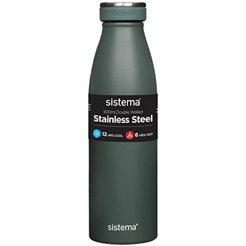 Sistema Stainless Steel Water Bottle | 500 ml Leak-Proof Reusable Water Bottle | BPA & Phthalate Free | Double Wall Vacuum Insulation | Keeps Cold for 12 Hours, Hot for 6 Hours | Assorted Colours