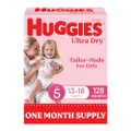 Huggies Ultra Dry Nappies Girls Size 5 (13-18kg) 128 Count - One Month Supply (Packaging May Vary)