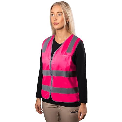 Hi-Vis Day/Night Zip Safety Vest - High Visibility Reflective Vest with 50mm Micro Prism Tape - Lightweight, Breathable, Easy Closure - Pink - M