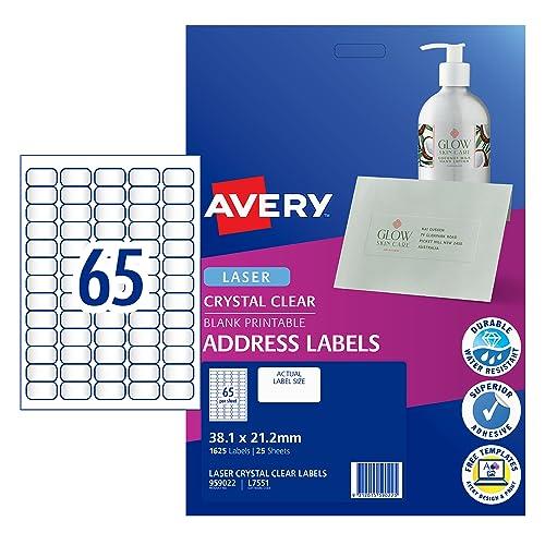 Avery Crystal Clear A4 Address Labels for Laser Printers - Printable Packaging & Shipping Labels - Transparent Mailing Stickers - 38.1 x 21.2 mm, 1625 Labels / 25 Sheets (959022 / L7551)