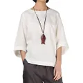 Minibee Women's Loose Cotton Linen Blouse Round Neck with Chinese Frog Button Tops, Beige, Large