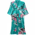 BABEYOND Women's Plus Size Kimono Robe Long Robes with Peacock and Blossoms Printed Plus Size Kimono Outfit (Dark Green, 2x)