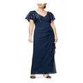 Alex Evenings Womens Stretch Sequin Bodice Empire Waist Long Special Occasion Dress, Navy Flutter Sleeve, 12 US