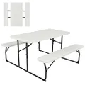 Costway Indoor & Outdoor Folding Picnic Table Bench Set w/Wood-Like Texture (White)